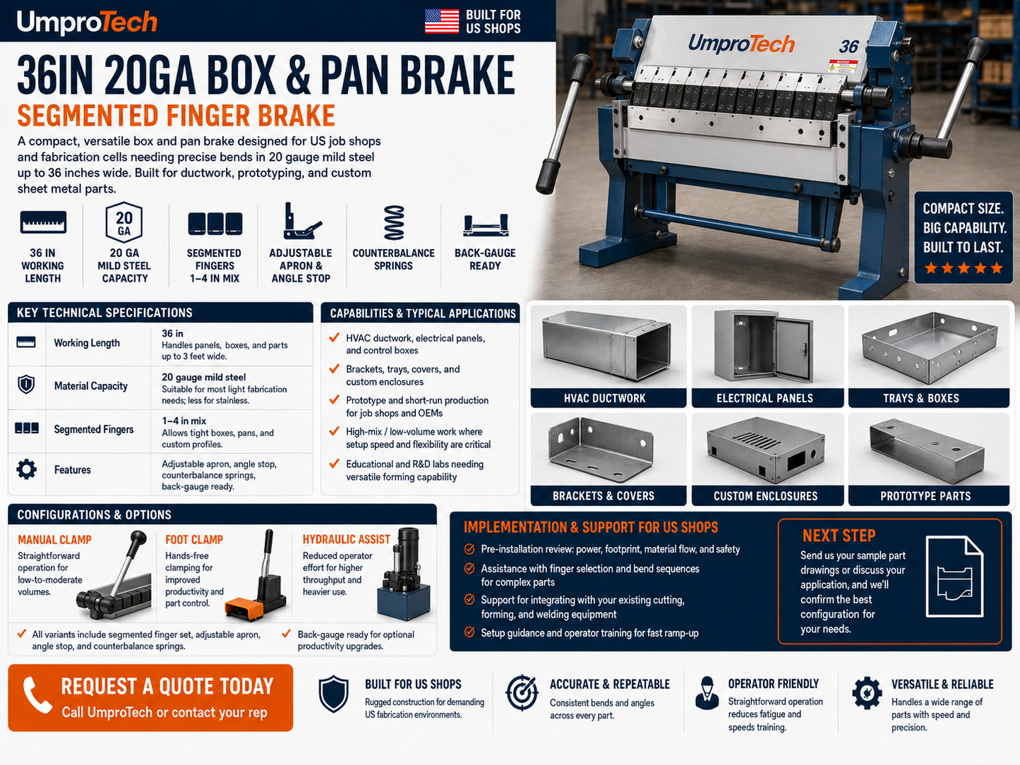 UmproTech 36in 20ga Box & Pan Brake USA – Segmented Finger Brake - UmproTech Box & Pan Brake package review for U.S. buyers, applications, delivery and startup support