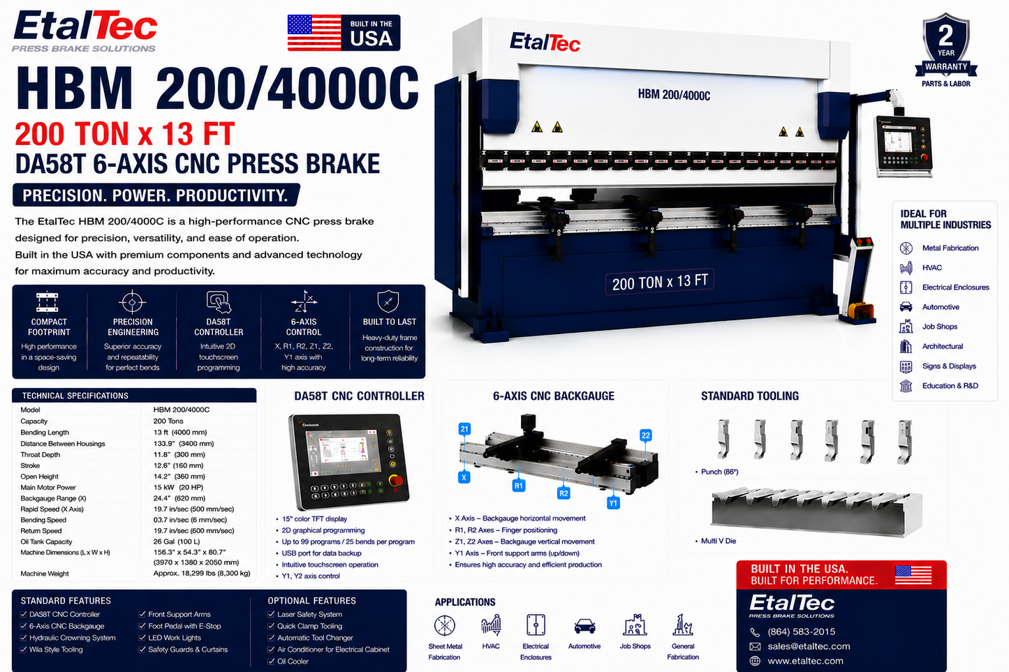 EtalTec HBM 200/4000C 200 Ton x 13 ft DA58T 6-Axis CNC Press Brake USA for U.S. industrial equipment buyers
