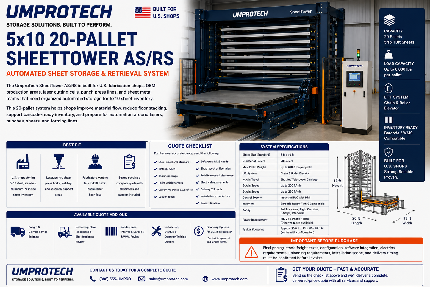 UmproTech SheetTower AS/RS 5x10, 20-Pallet Automated Sheet Storage USA - Automated Sheet Storage AS/RS for U.S. fabrication buyers