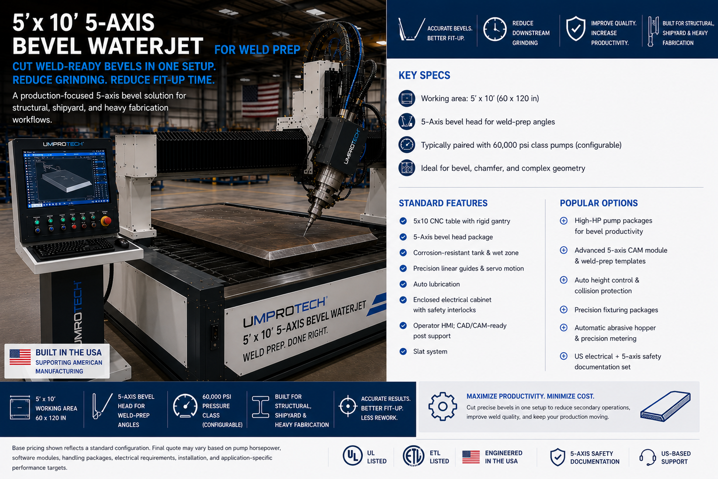 UmproTech WJ 510-AC5 5-axis bevel waterjet cutting machine for weld prep