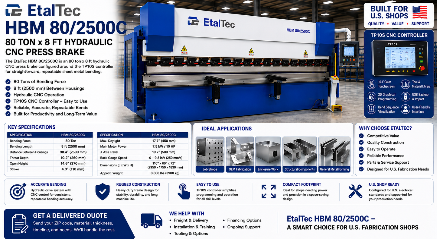 EtalTec HBM 80/2500C USA – 80 Ton x 8 ft TP10S CNC Press Brake - UmproTech Financing / Lease-to-Own USA industrial equipment