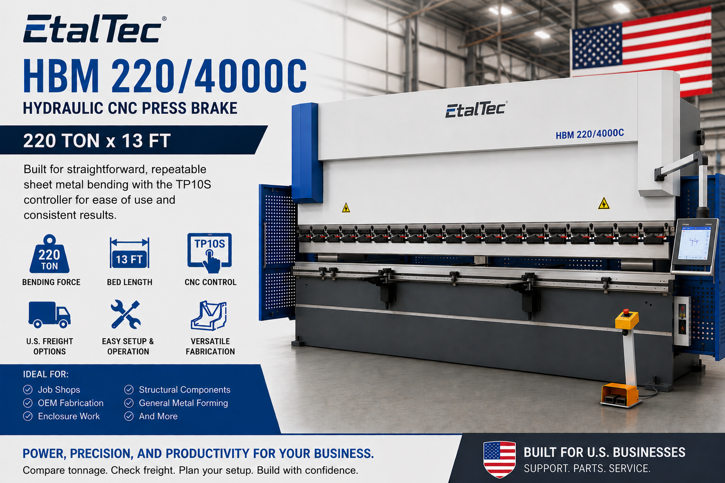 EtalTec HBM 220/4000C USA – 220 Ton x 13 ft TP10S CNC Press Brake - UmproTech Financing / Lease-to-Own USA industrial equipment