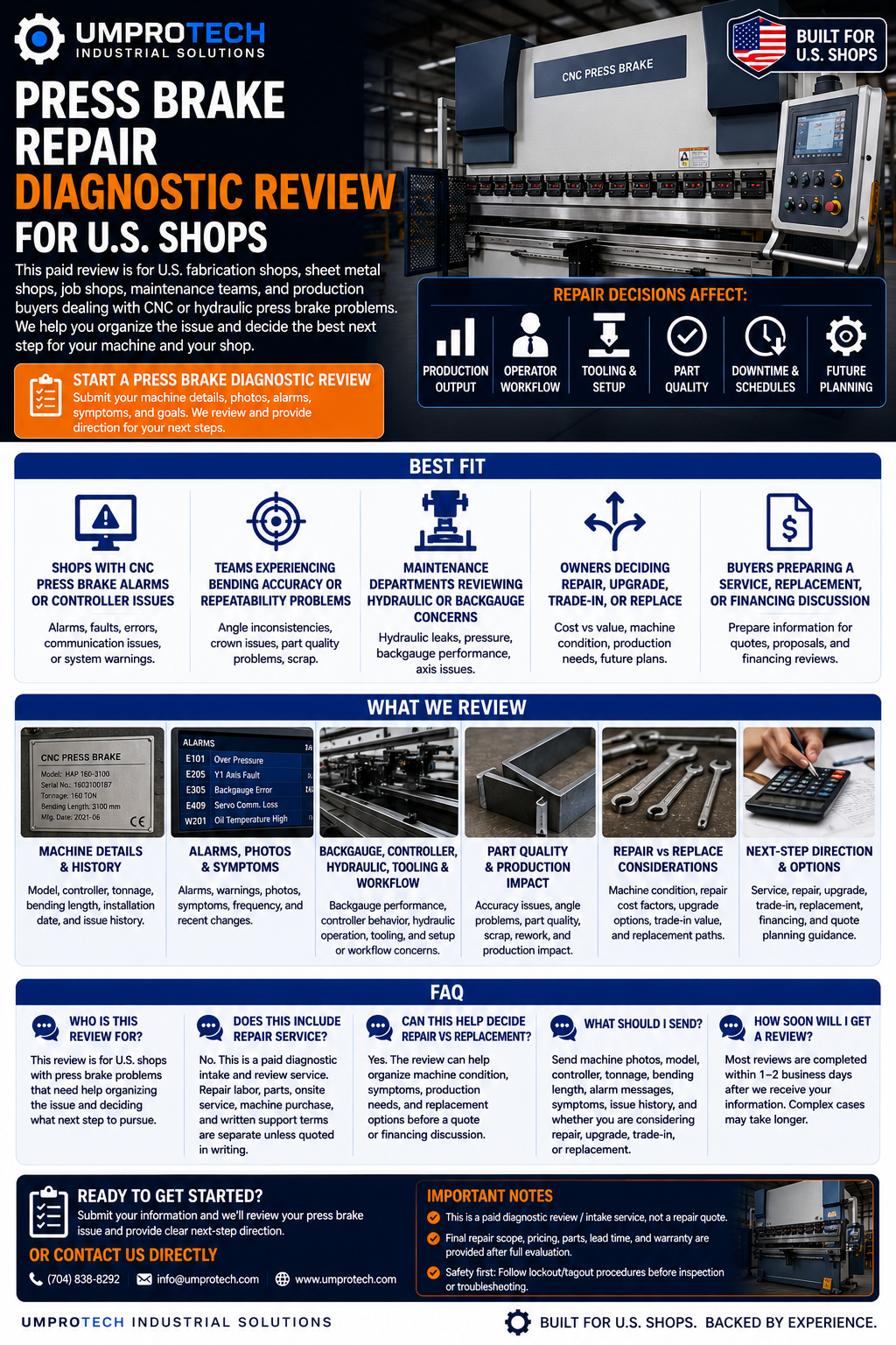 Press Brake Repair Diagnostic Review USA by UmproTech for fabrication equipment quote review
