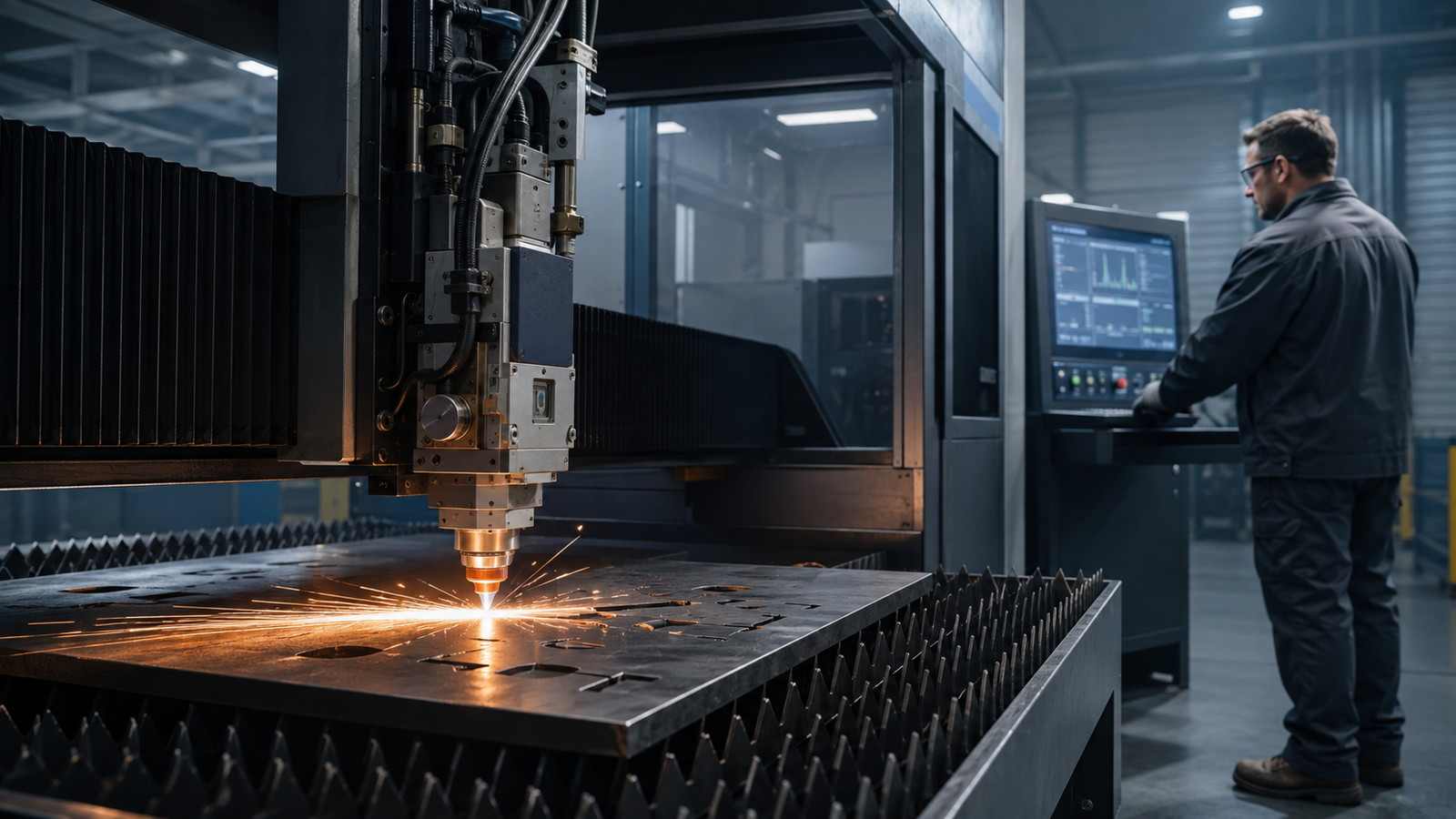 Fiber laser cutting head piercing steel while an operator monitors cutting parameters