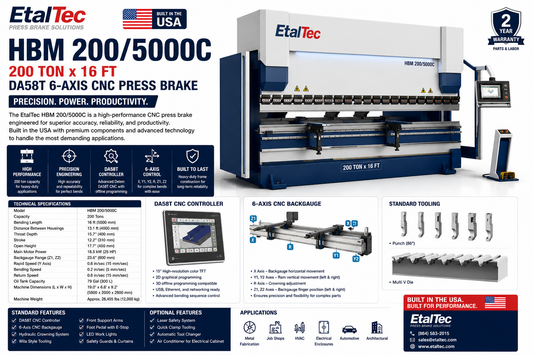 EtalTec HBM 200/5000C 200 Ton x 16 ft DA58T 6-Axis CNC Press Brake USA