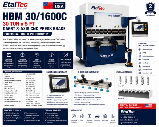 EtalTec HBM 30/1600C 30 Ton x 5 ft DA66T 8-Axis CNC Press Brake USA