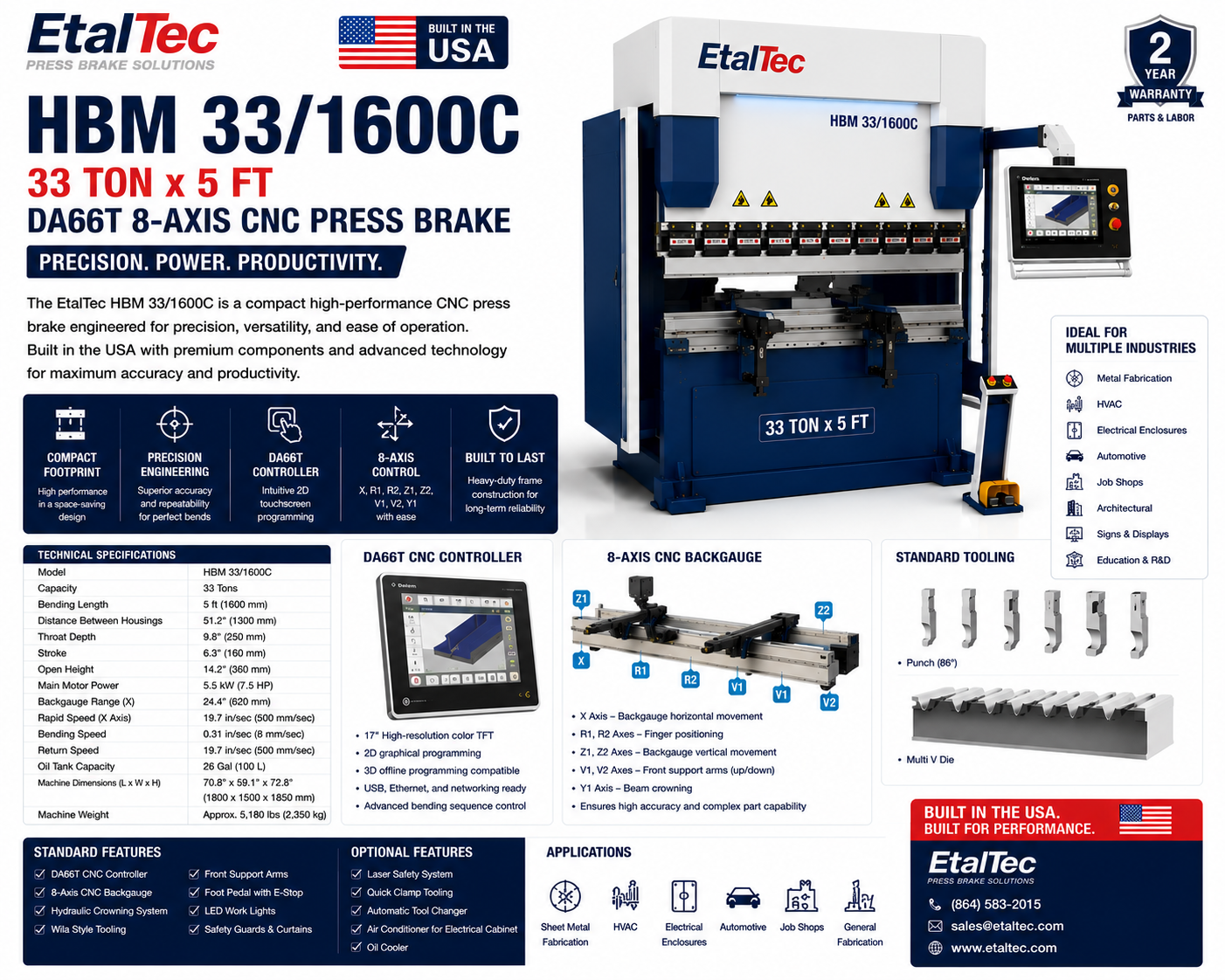 EtalTec HBM 33/1600C 33 Ton x 5 ft DA66T 8-Axis CNC Press Brake USA for U.S. industrial equipment buyers
