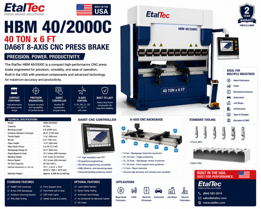 EtalTec HBM 40/2000C 40 Ton x 6 ft DA66T 8-Axis CNC Press Brake USA