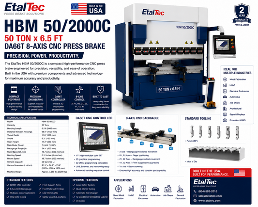 EtalTec HBM 50/2000C 50 Ton x 6.5 ft DA66T 8-Axis CNC Press Brake USA