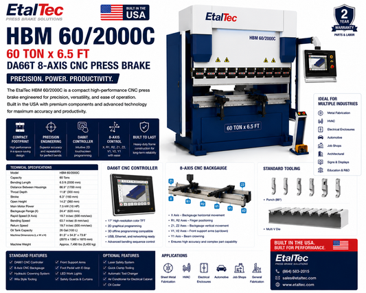 EtalTec HBM 60/2000C 60 Ton x 6.5 ft DA66T 8-Axis CNC Press Brake USA