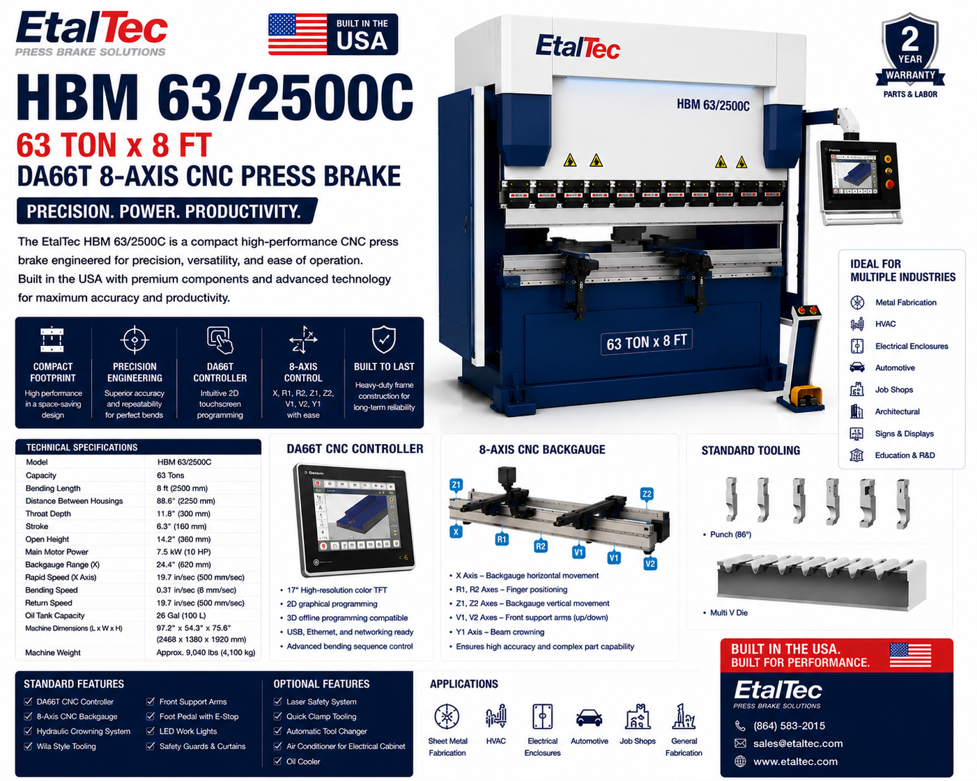 EtalTec HBM 63/2500C 63 Ton x 8 ft DA66T 8-Axis CNC Press Brake USA for U.S. industrial equipment buyers