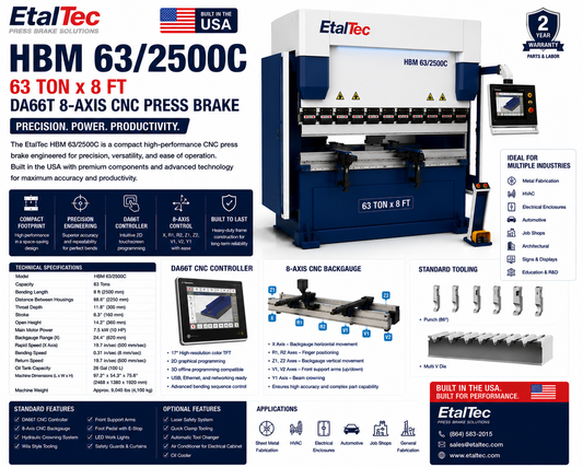 EtalTec HBM 63/2500C 63 Ton x 8 ft DA66T 8-Axis CNC Press Brake USA