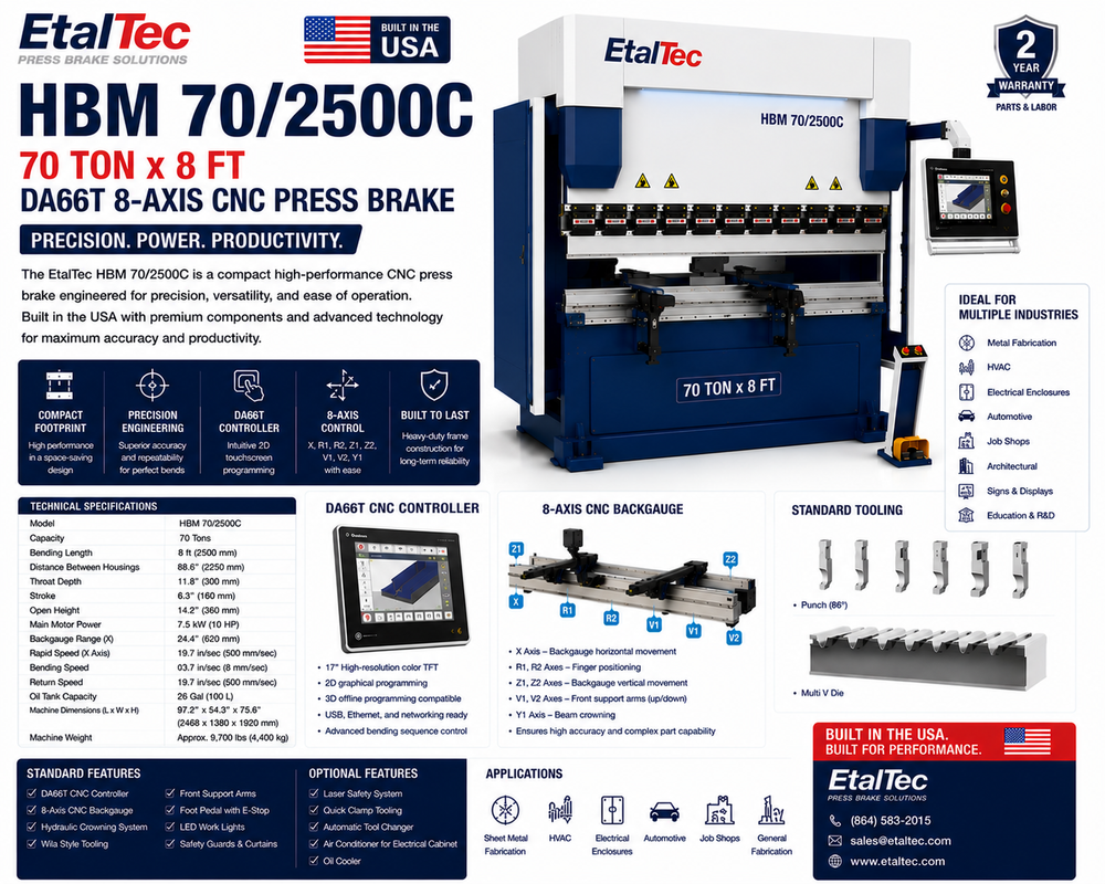 EtalTec HBM 70/2500C 70 Ton x 8 ft DA66T 8-Axis CNC Press Brake USA for U.S. industrial equipment buyers