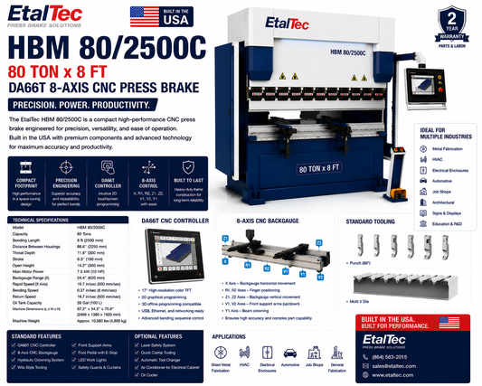 EtalTec HBM 80/2500C 80 Ton x 8 ft DA66T 8-Axis CNC Press Brake USA