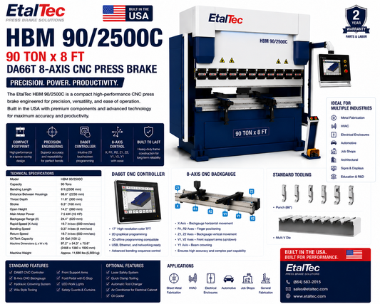 EtalTec HBM 90/2500C 90 Ton x 8 ft DA66T 8-Axis CNC Press Brake USA