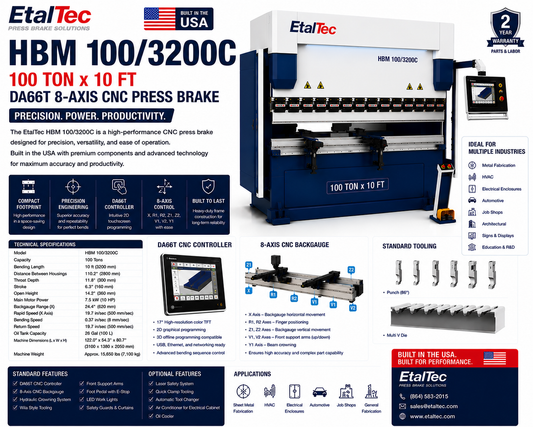 EtalTec HBM 100/3200C 100 Ton x 10 ft DA66T 8-Axis CNC Press Brake USA
