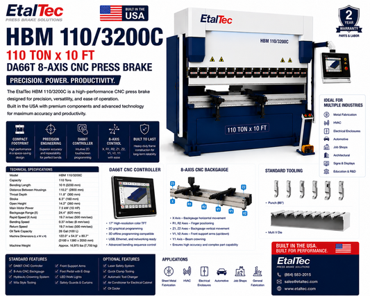EtalTec HBM 110/3200C 110 Ton x 10 ft DA66T 8-Axis CNC Press Brake USA