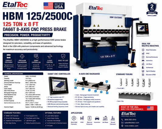 EtalTec HBM 125/2500C 125 Ton x 8 ft DA66T 8-Axis CNC Press Brake USA