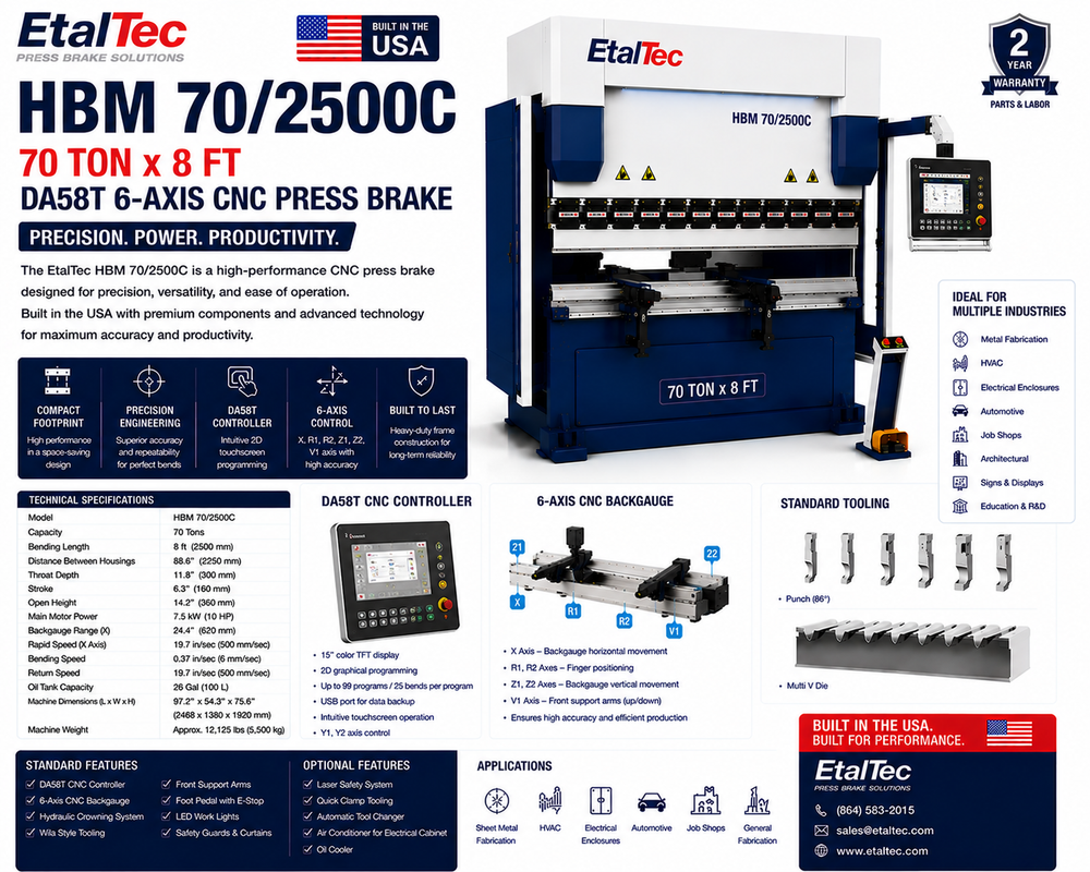 EtalTec HBM 70/2500C 70 Ton x 8 ft DA58T 6-Axis CNC Press Brake USA for U.S. industrial equipment buyers