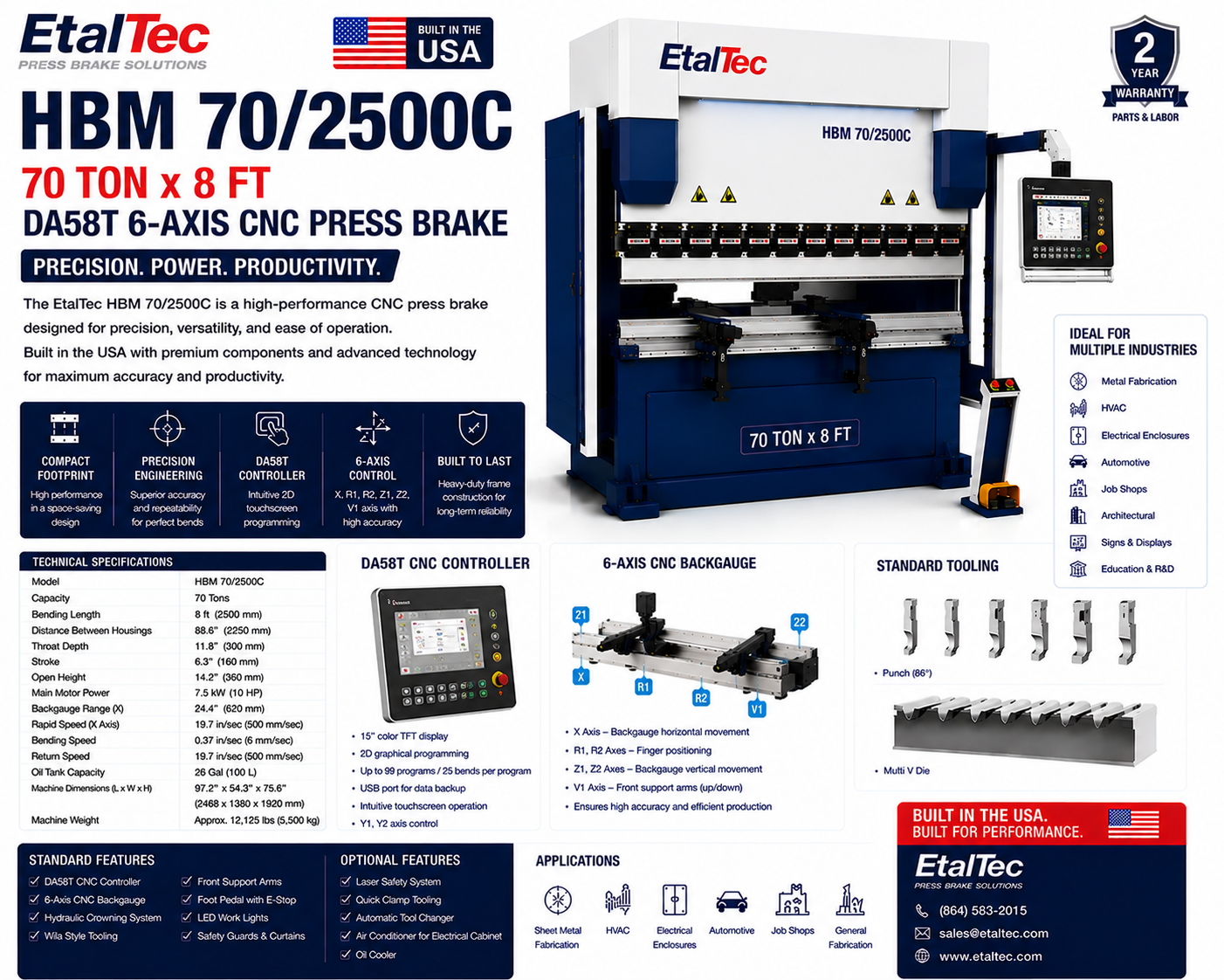 EtalTec HBM 70/2500C 70 Ton x 8 ft DA58T 6-Axis CNC Press Brake USA for U.S. industrial equipment buyers