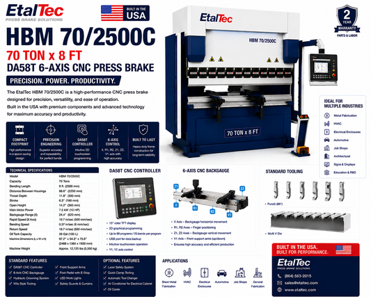 EtalTec HBM 70/2500C 70 Ton x 8 ft DA58T 6-Axis CNC Press Brake USA