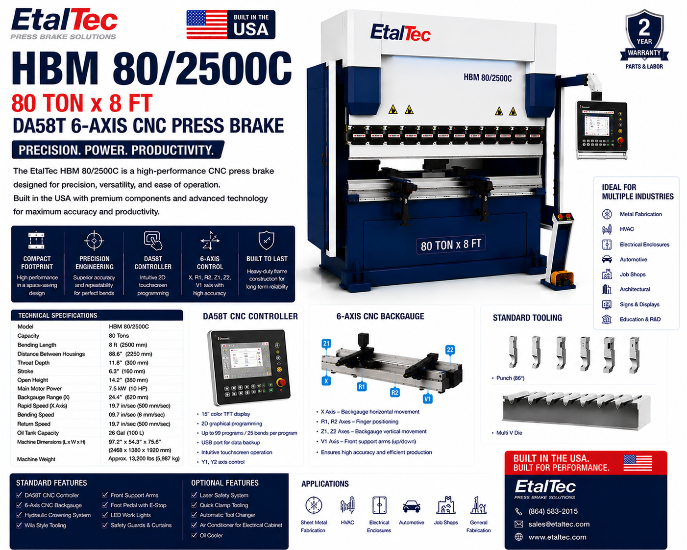 EtalTec HBM 80/2500C 80 Ton x 8 ft DA58T 6-Axis CNC Press Brake USA for U.S. industrial equipment buyers
