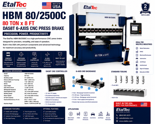 EtalTec HBM 80/2500C 80 Ton x 8 ft DA58T 6-Axis CNC Press Brake USA