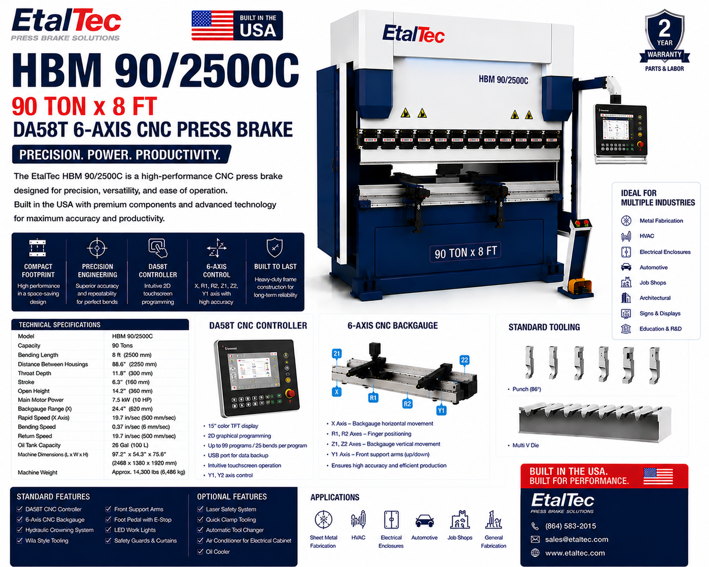 EtalTec HBM 90/2500C 90 Ton x 8 ft DA58T 6-Axis CNC Press Brake USA for U.S. industrial equipment buyers