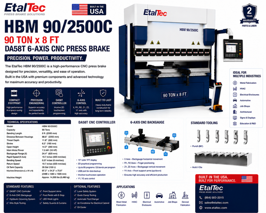 EtalTec HBM 90/2500C 90 Ton x 8 ft DA58T 6-Axis CNC Press Brake USA