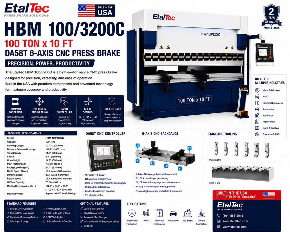 EtalTec HBM 100/3200C 100 Ton x 10 ft DA58T 6-Axis CNC Press Brake USA for U.S. industrial equipment buyers