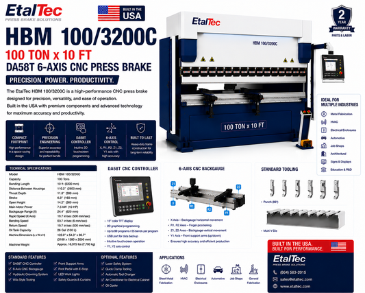 EtalTec HBM 100/3200C 100 Ton x 10 ft DA58T 6-Axis CNC Press Brake USA