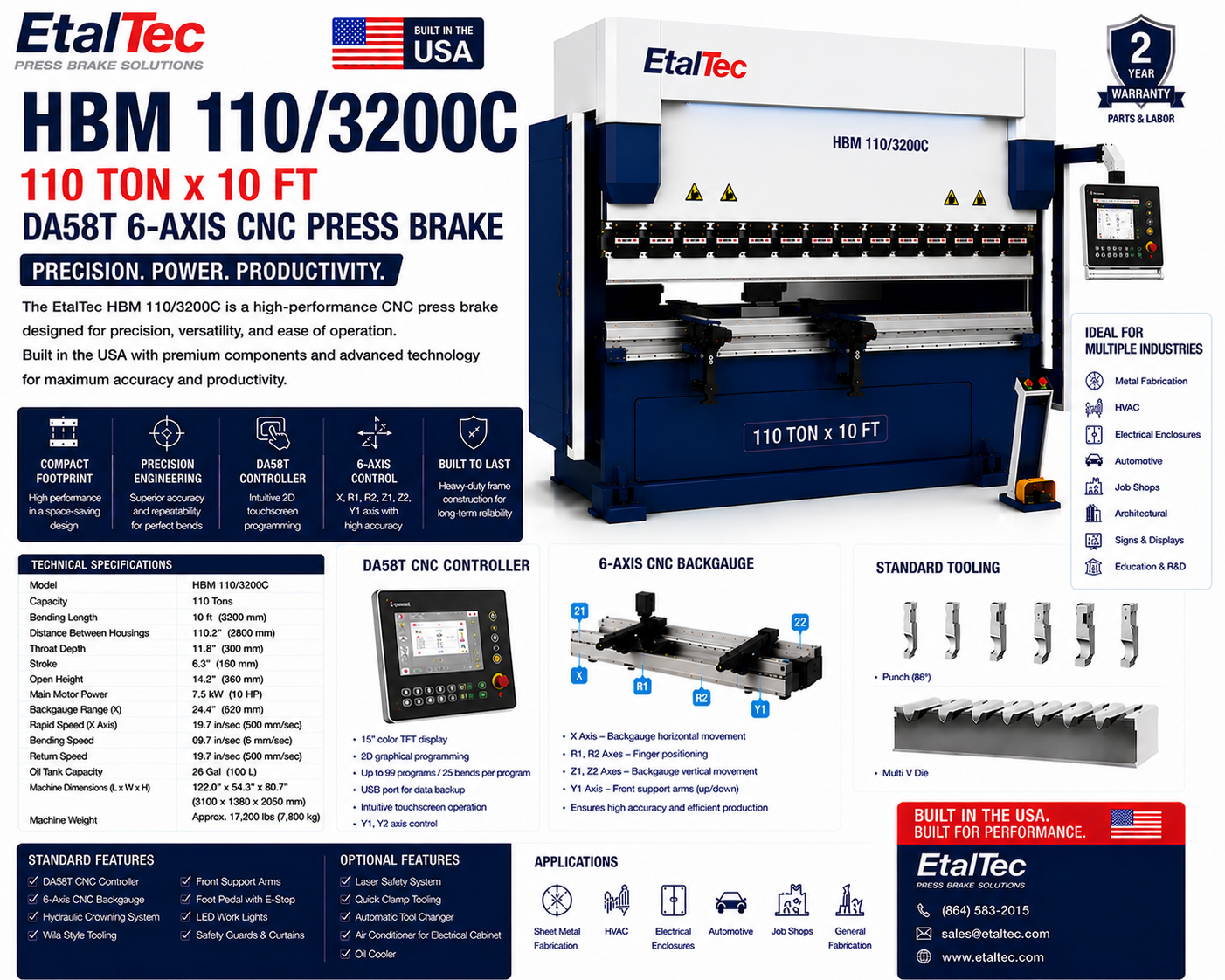 EtalTec HBM 110/3200C 110 Ton x 10 ft DA58T 6-Axis CNC Press Brake USA for U.S. industrial equipment buyers