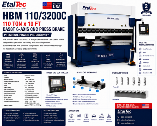 EtalTec HBM 110/3200C 110 Ton x 10 ft DA58T 6-Axis CNC Press Brake USA