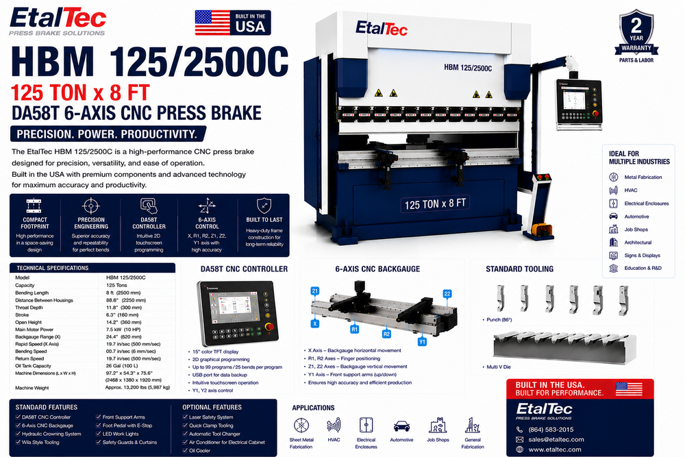 EtalTec HBM 125/2500C 125 Ton x 8 ft DA58T 6-Axis CNC Press Brake USA for U.S. industrial equipment buyers