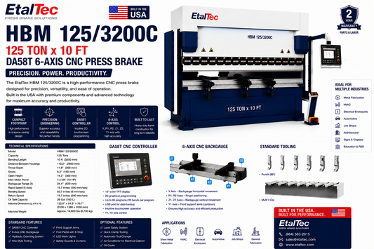 EtalTec HBM 125/3200C 125 Ton x 10 ft DA58T 6-Axis CNC Press Brake USA