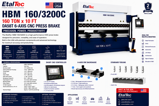EtalTec HBM 160/3200C 160 Ton x 10 ft DA58T 6-Axis CNC Press Brake USA