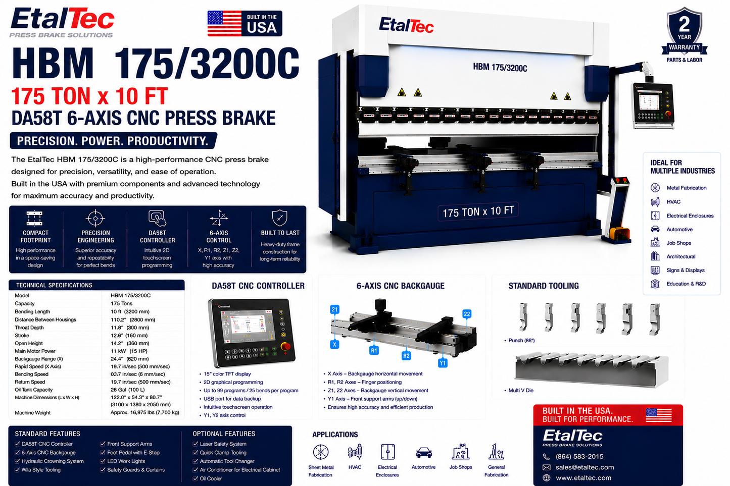 EtalTec HBM 175/3200C 175 Ton x 10 ft DA58T 6-Axis CNC Press Brake USA for U.S. industrial equipment buyers