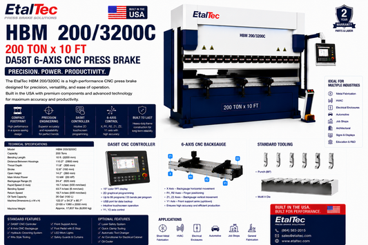 EtalTec HBM 200/3200C 200 Ton x 10 ft DA58T 6-Axis CNC Press Brake USA