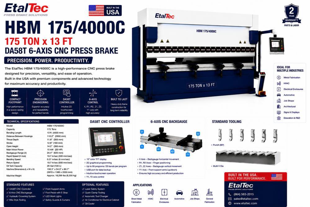 EtalTec HBM 175/4000C 175 Ton x 13 ft DA58T 6-Axis CNC Press Brake USA for U.S. industrial equipment buyers