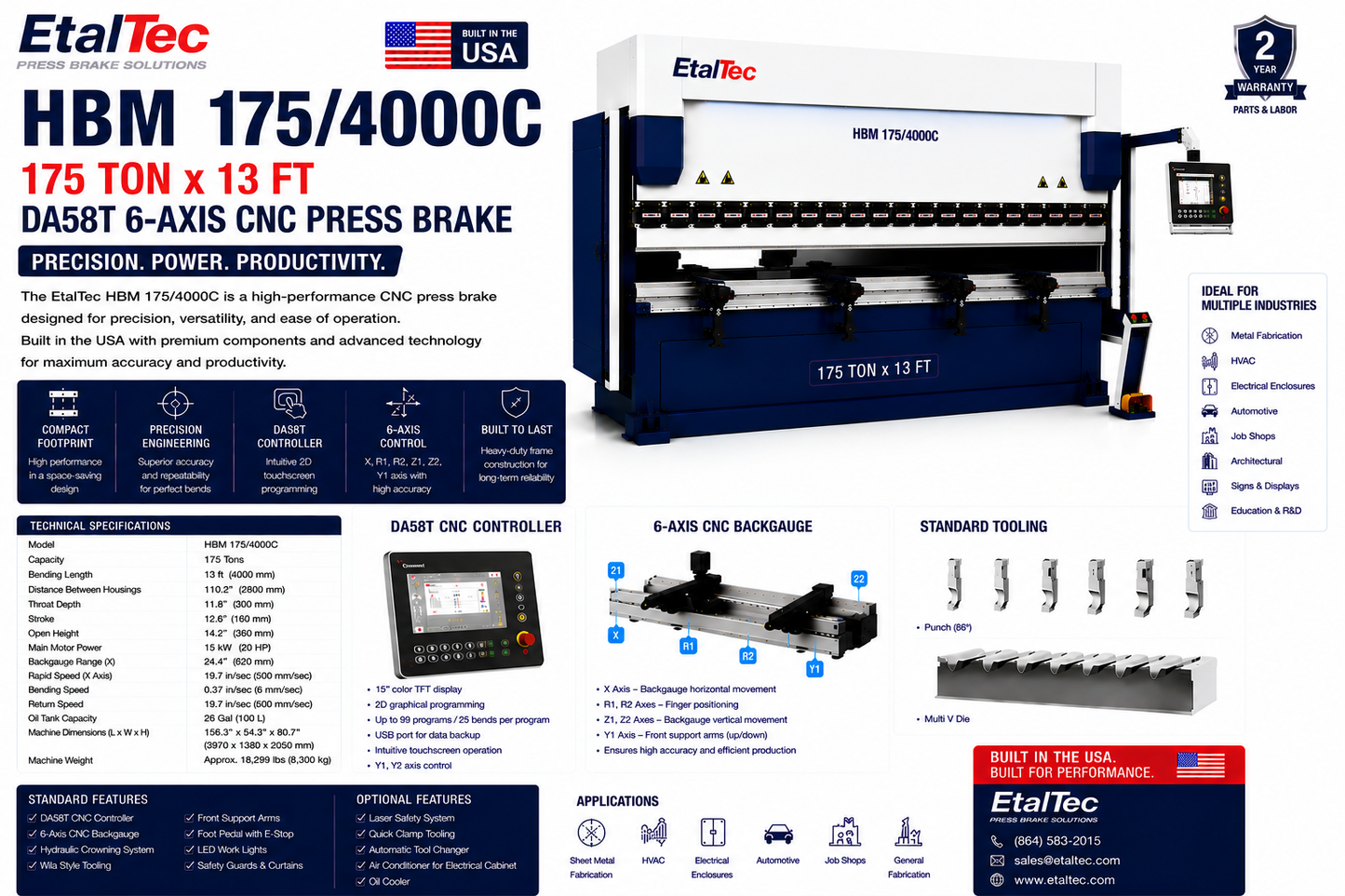 EtalTec HBM 175/4000C 175 Ton x 13 ft DA58T 6-Axis CNC Press Brake USA for U.S. industrial equipment buyers