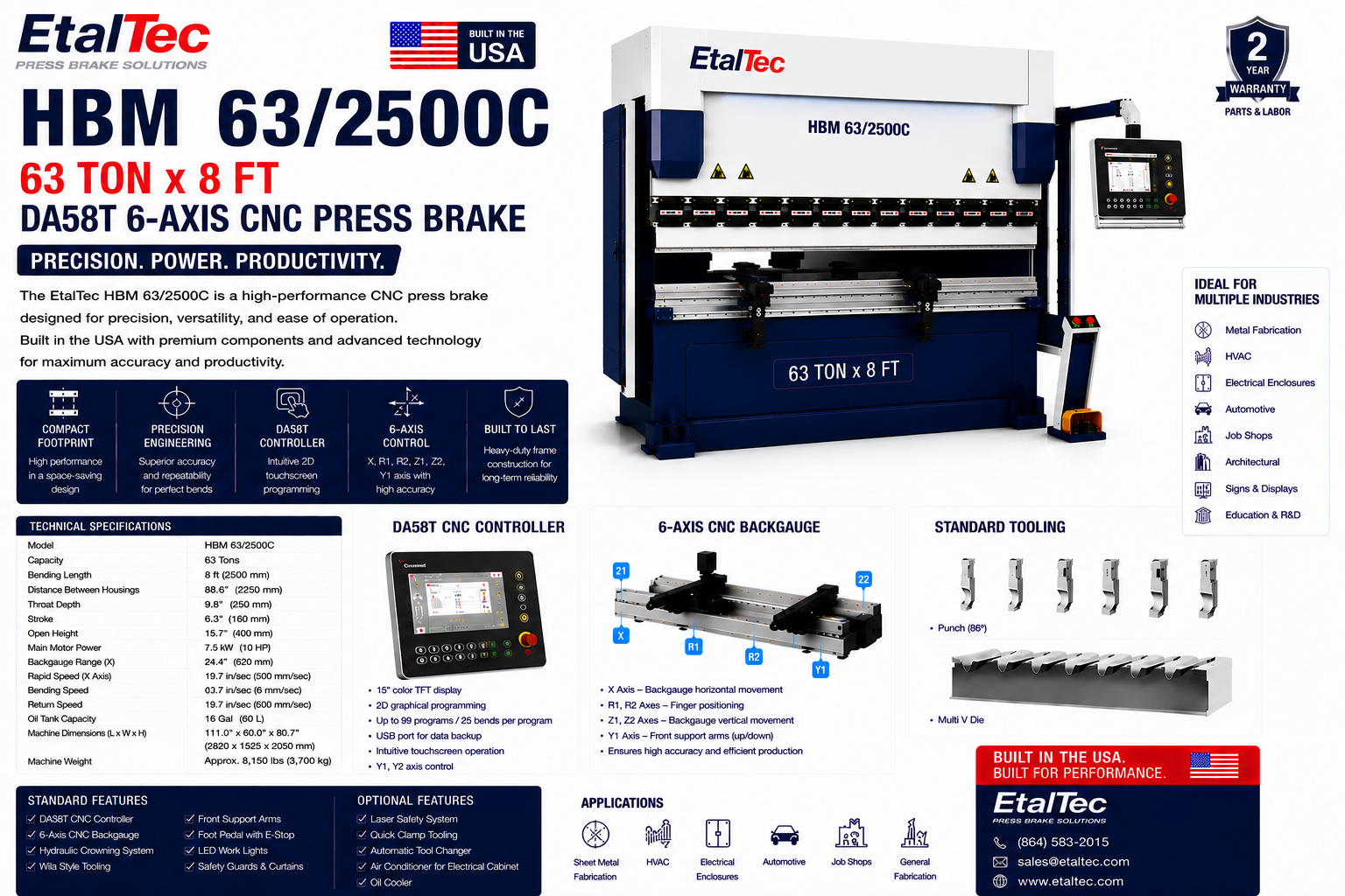 EtalTec HBM 63/2500C 63 Ton x 8 ft DA58T 6-Axis CNC Press Brake USA for U.S. industrial equipment buyers