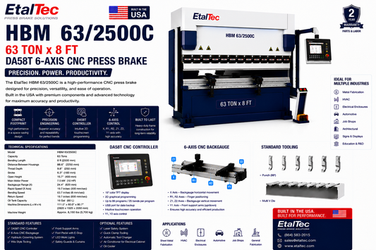 EtalTec HBM 63/2500C 63 Ton x 8 ft DA58T 6-Axis CNC Press Brake USA