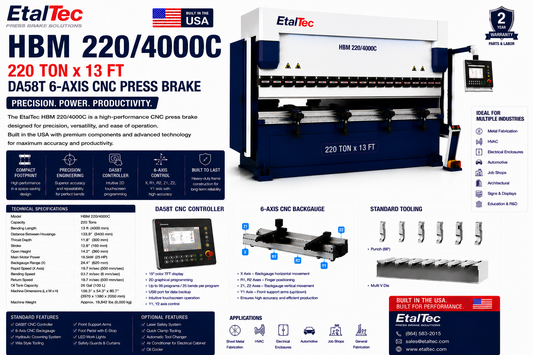 EtalTec HBM 220/4000C 220 Ton x 13 ft DA58T 6-Axis CNC Press Brake USA