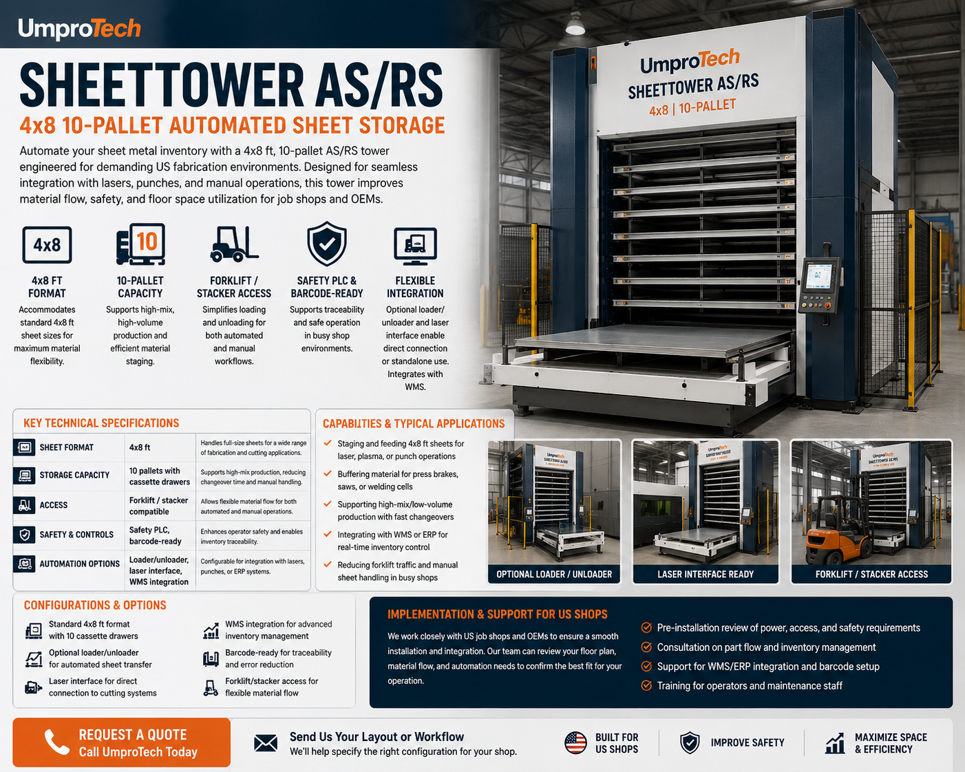 UmproTech SheetTower AS/RS 4x8 10-Pallet Automated Storage USA - Automated Sheet Storage AS/RS for U.S. fabrication buyers