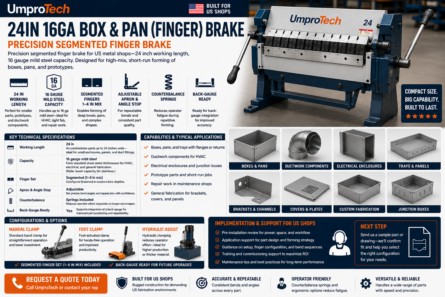 UmproTech Box & Pan Brake 24in 16ga Segmented Finger Brake USA - Box and Pan Brake for U.S. fabrication buyers