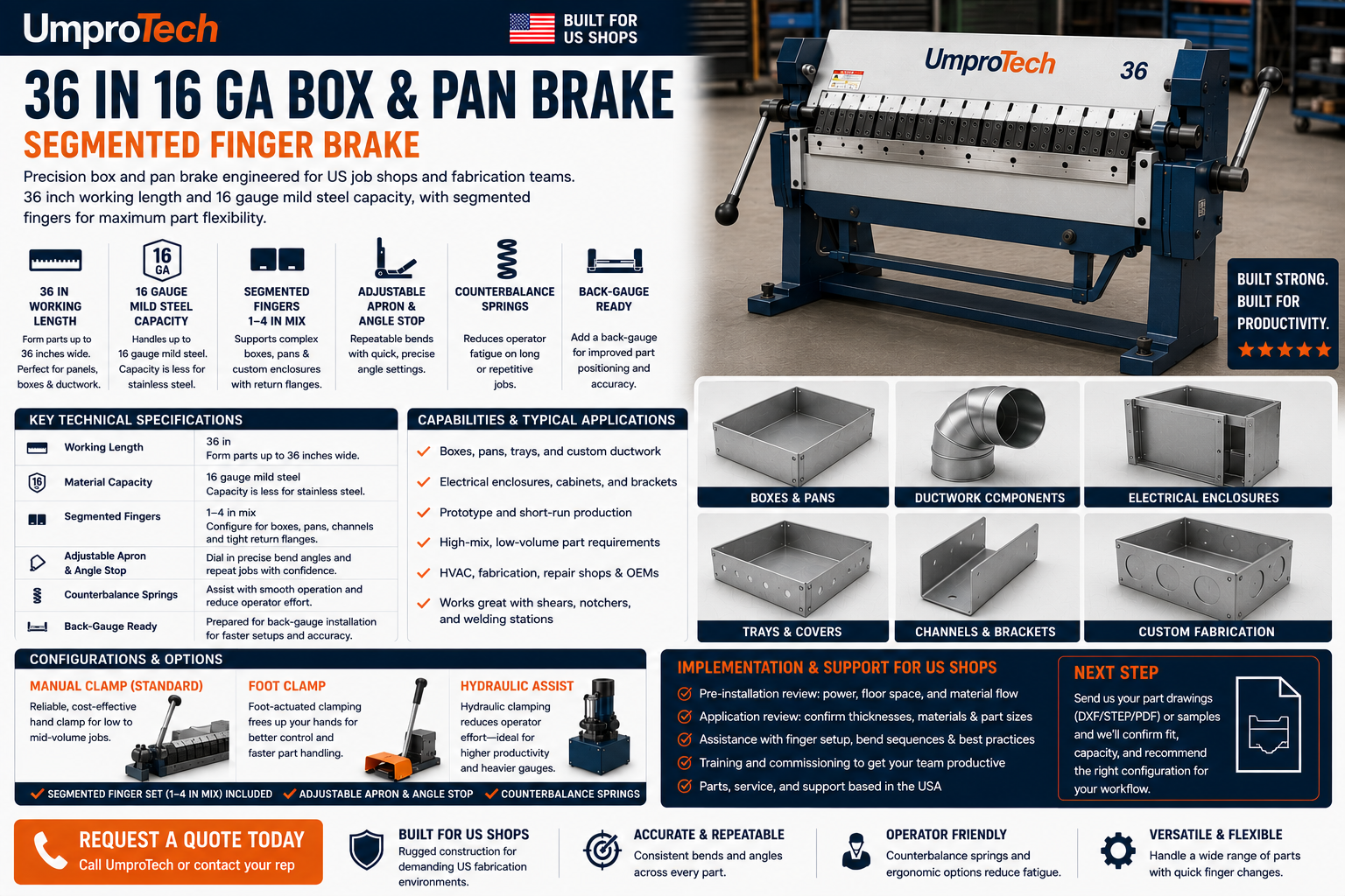UmproTech Box & Pan Brake 36in 16ga Segmented Finger Brake USA - UmproTech Box & Pan Brake package review for U.S. buyers, applications, delivery and startup support