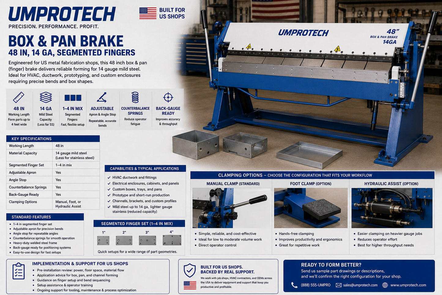 UmproTech Box & Pan Brake 48in 14ga Segmented Finger Brake USA - UmproTech Box & Pan Brake package review for U.S. buyers, applications, delivery and startup support