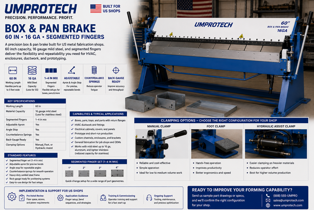 UmproTech Box & Pan Brake 60in 16ga Segmented Finger Brake USA - UmproTech Box & Pan Brake package review for U.S. buyers, applications, delivery and startup support