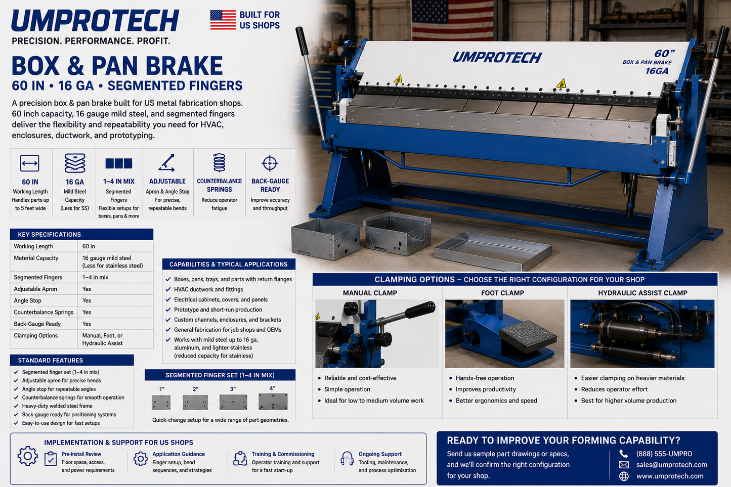 UmproTech Box & Pan Brake 60in 16ga Segmented Finger Brake USA - UmproTech Box & Pan Brake package review for U.S. buyers, applications, delivery and startup support