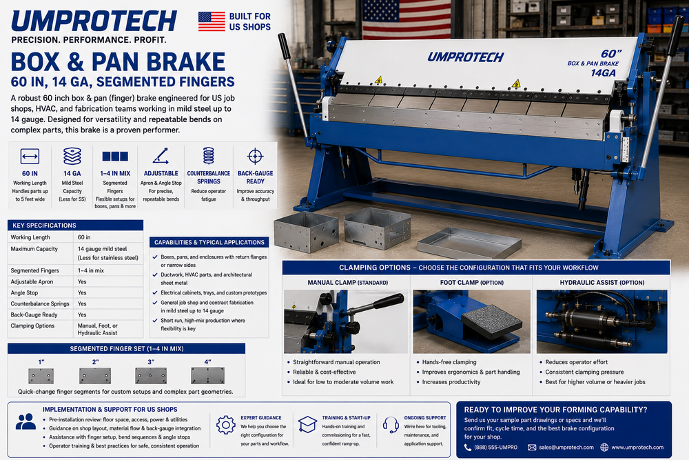 UmproTech Box & Pan Brake 60in 14ga Segmented Finger Brake USA - UmproTech Box & Pan Brake package review for U.S. buyers, applications, delivery and startup support